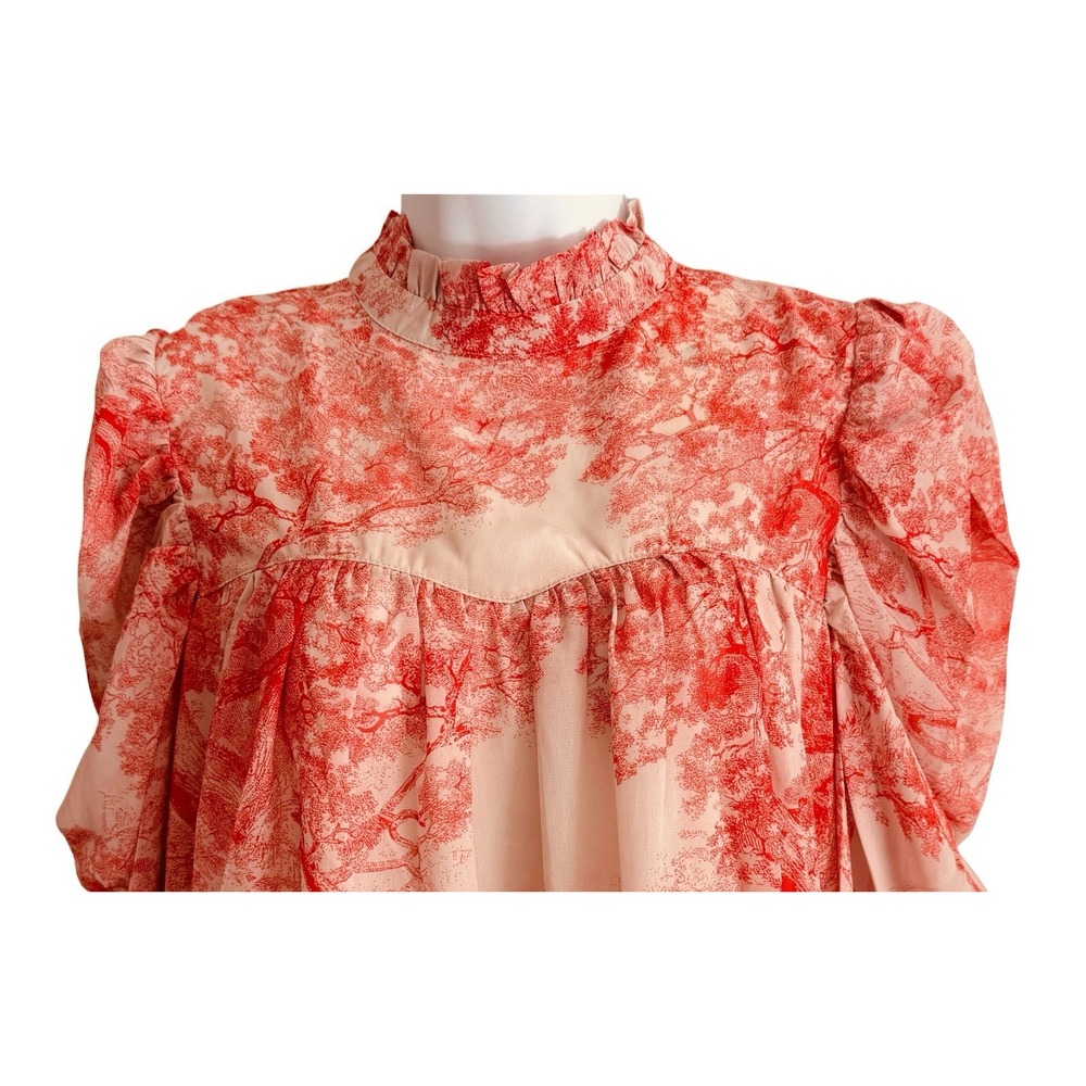 In The Style Babydoll Mini Dress 10 Pink Beige Toile High Neck Puff Sleeve Mock - Picture 7 of 14
